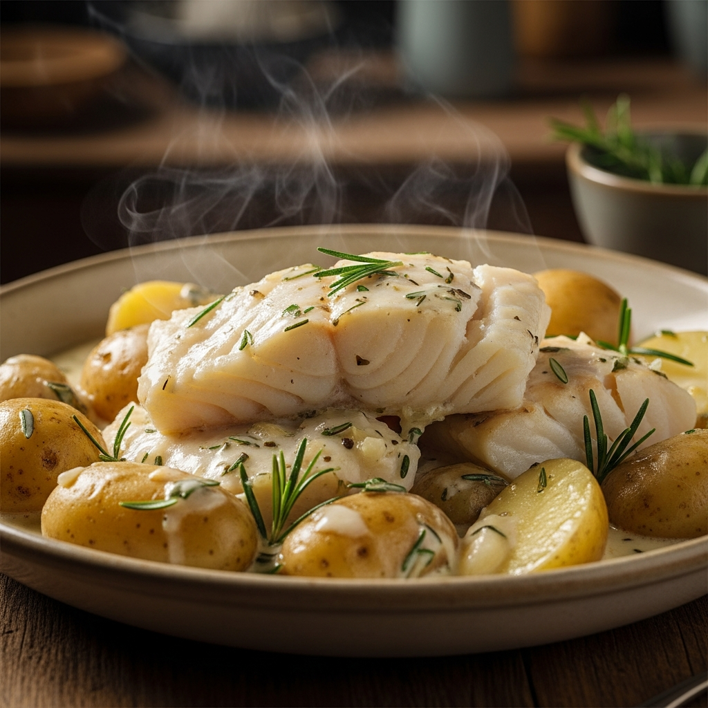 Creamy cod and potatoes in rosemary sauce close-up