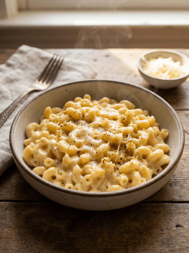 Homemade mac and cheese with creamy cheese sauce in a ceramic bowl.