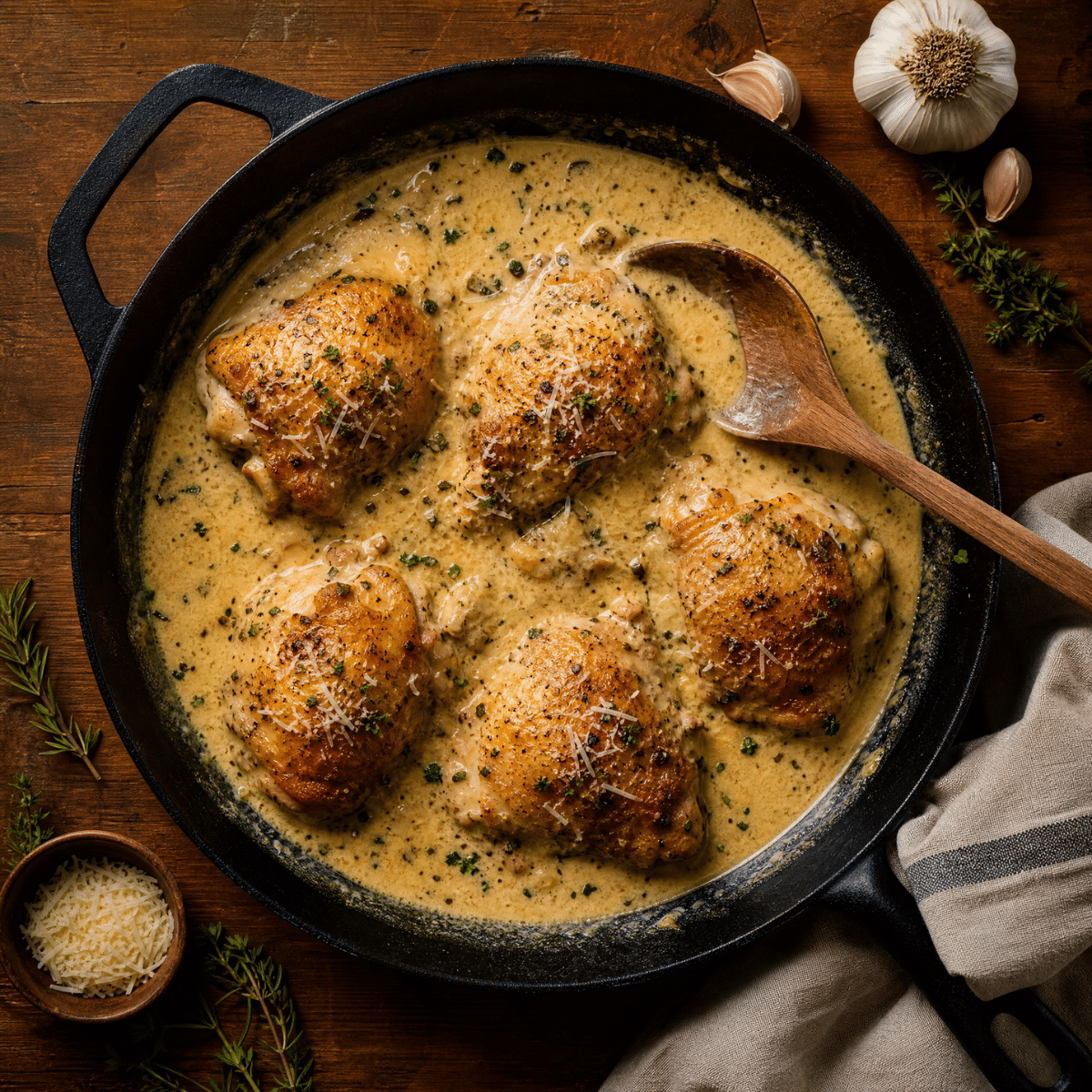 Creamy baked chicken thighs in garlic Parmesan sauce served in a cast iron skillet with herbs and melted cheese.