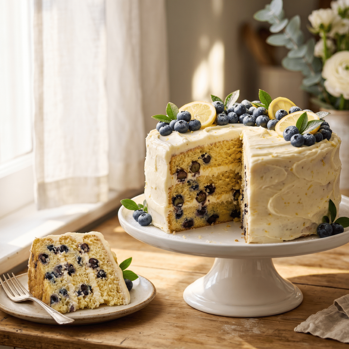 Lemon Blueberry Cake with cream cheese frosting, fresh blueberries, and lemon slices displayed on a white cake stand with a slice served on a plate.
