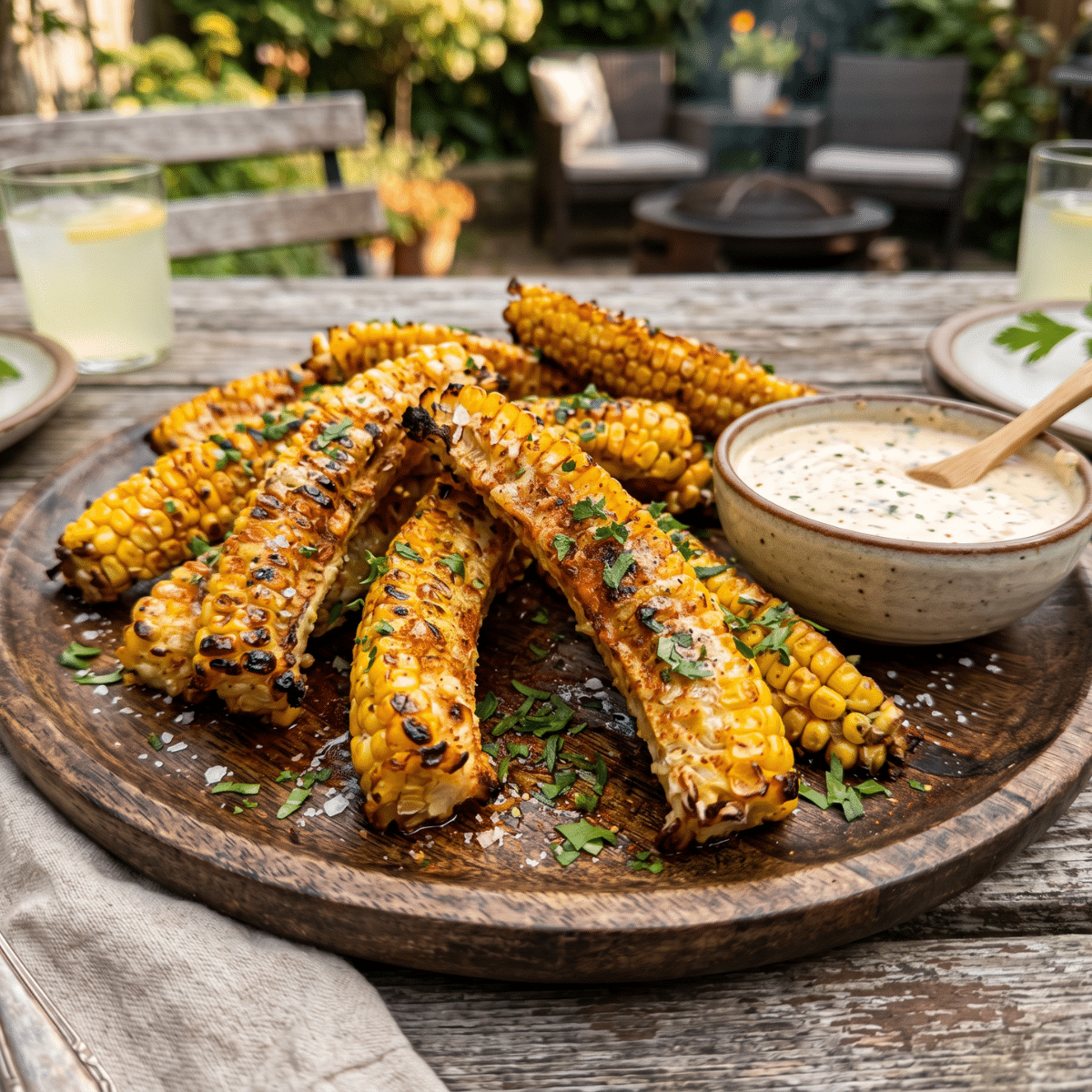 Corn Ribs served on a wooden platter with garlic butter, fresh herbs, and creamy dipping sauce in an outdoor barbecue setting.