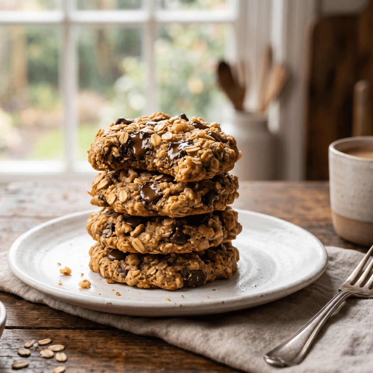 Healthy Banana Oatmeal Cookies stacked on a white plate with melted chocolate chips, rolled oats, and walnuts in a cozy kitchen setting