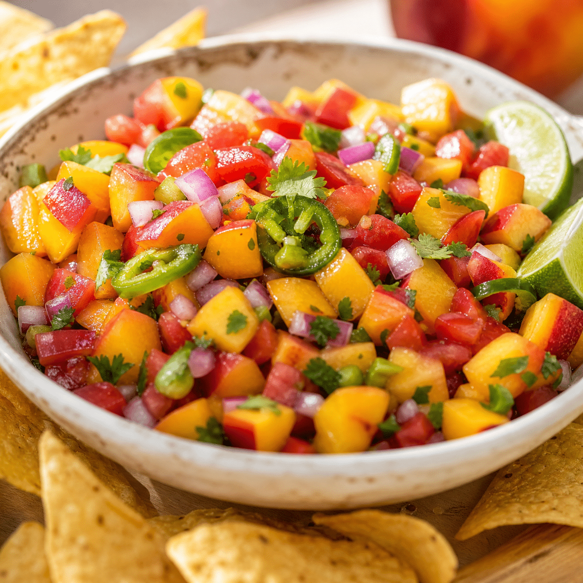 Fresh peach salsa made with diced peaches, tomatoes, red onion, jalapeños, cilantro, and lime wedges, served in a bowl with crispy tortilla chips.